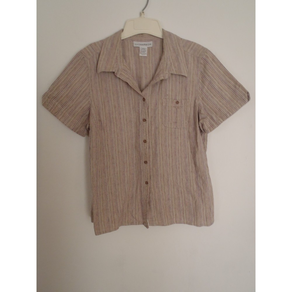 Sag Harbor Women's L Shirt Button Up Stripes Short Sleeve Top Linen Blend